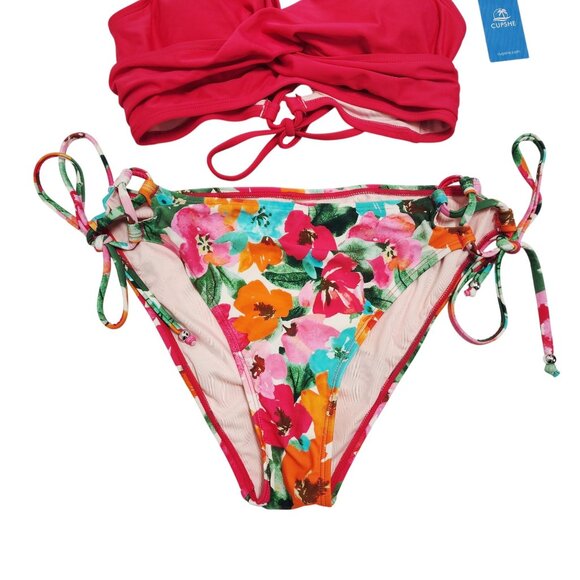 Two-Piece Red Wrap Bikini Top Floral Tie-Side Swimsuit Womens Cupshe Size M - Picture 4 of 6